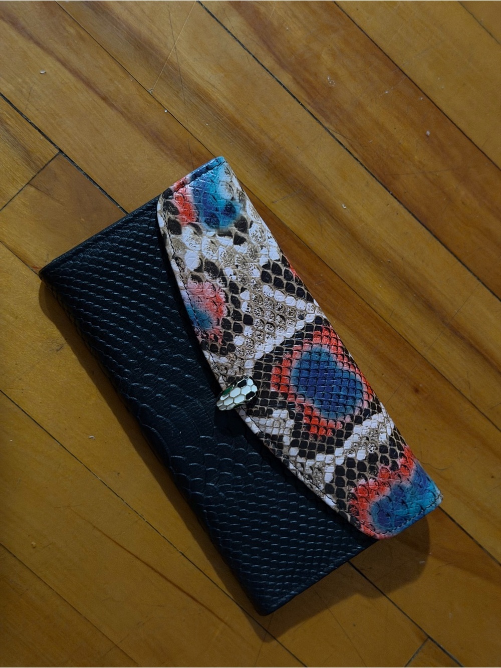 Snake-Texture Foldover Wallet Clutch in Black with Multicolor Accent